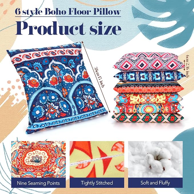 Menkxi 6 Pcs Bohemian Floor Pillows Seating 15 Inch Boho Floor Cushions Sitting - Image 2