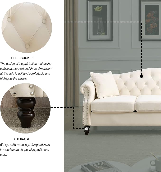79" 2 Piece 3-Seater Velvet Chesterfield Sofa - Image 6