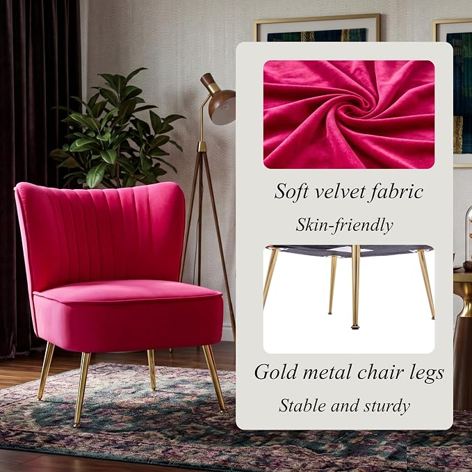 Velvet Accent Chair Set of 2 Comfy Living Room Chair Armless Slipper Chair Mid - Image 7