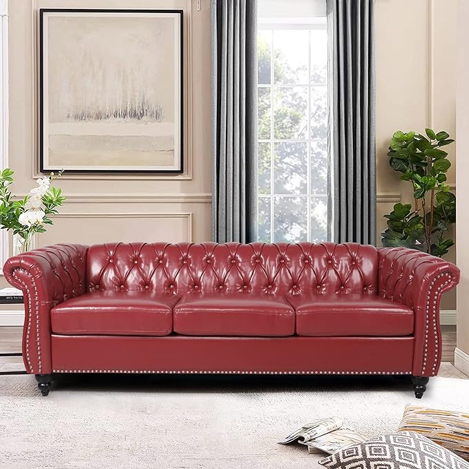 LEVNARY Chesterfield Sofa, Classic Tufted Upholstered Leather Couch, Modern 3 by LEVNARY