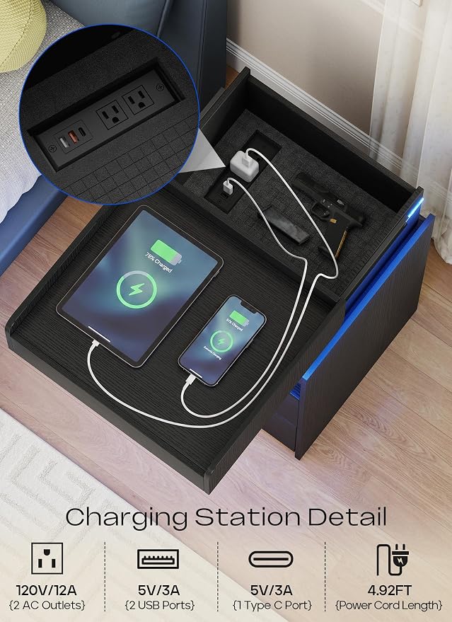 Turosur LED Night Stand with Gun Drawer, Smart Nightstand with Hidden Charging - Image 4
