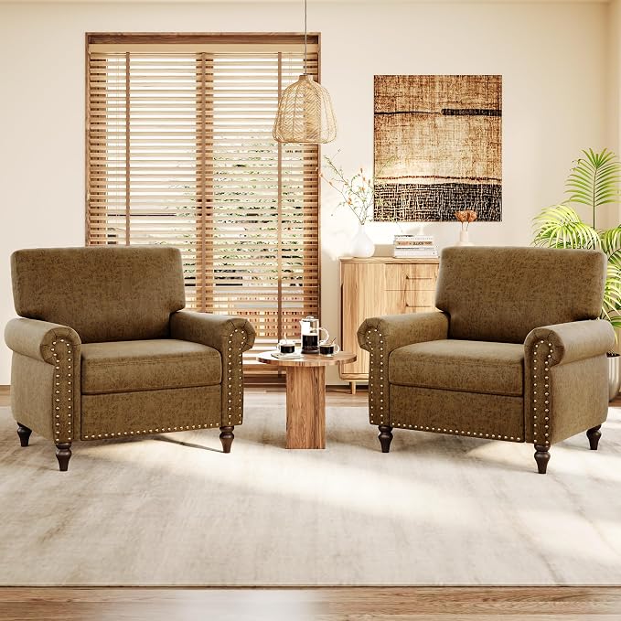 Nailhead Trim Accent Chairs Set of 2, Faux Leahter Mid Century Modern Living by ErdoruLiving
