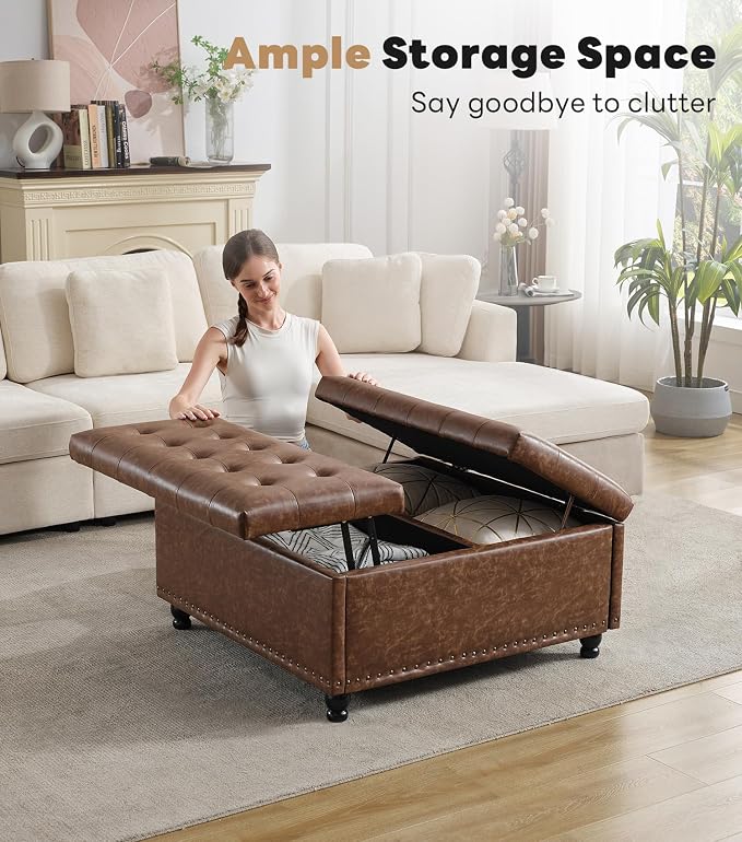 Tbfit Large Square Storage Ottoman Bench, Tufted Upholstered Coffee Table - Image 3