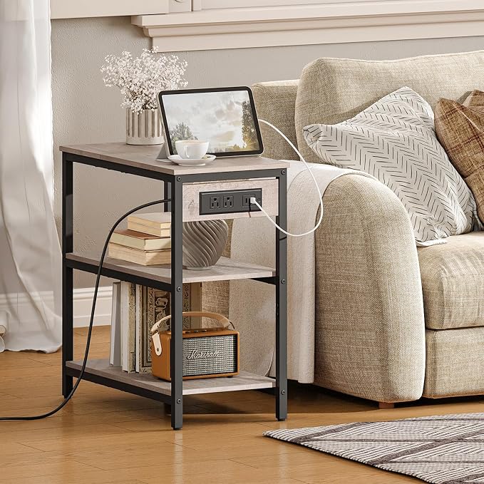 HOOBRO End Table with Charging Station, Simple Rustic Side Table with 3-Tier - Image 4