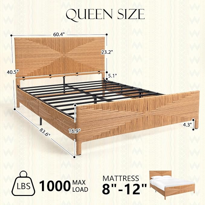 Yechen Queen Rattan Style Boho Bed Frame - Image 2