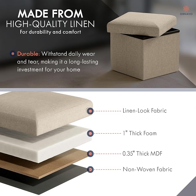 Ornavo Home Small Storage Ottoman Foldable Collapsible Cube Square Linen - Image 4