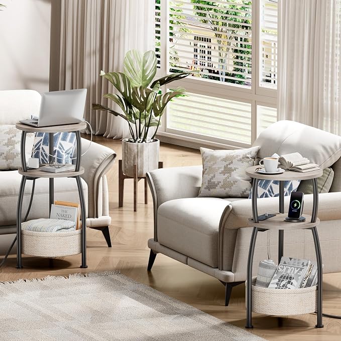 Small Side Table with Charging Station, Round End Table with Basket, USB Port - Image 5