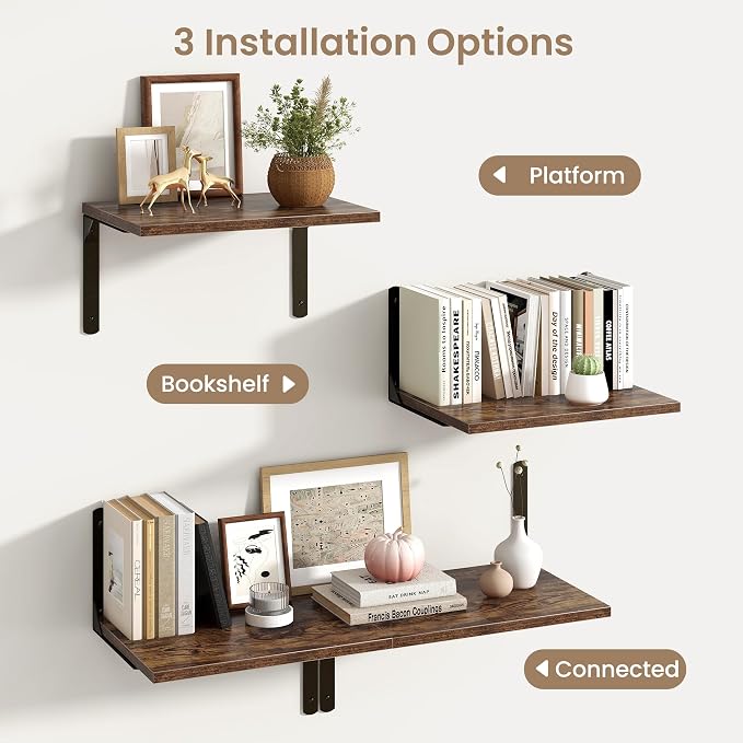 Fun Memories Rustic Brown 12 Inch Deep Floating Shelves Set of 2, Wall Mounted - Image 5