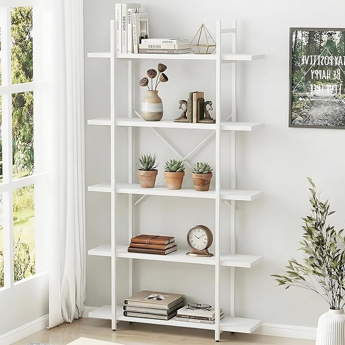 Bookshelf 5 Tiers White Wooden Storage Shelf, Modern Open Display Storage by EternalHome