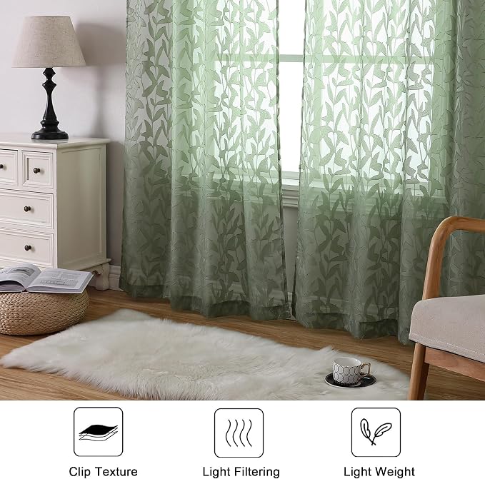 Lecloud Leia 72 Inch Sheer Curtains Sage Green Panels Set of 2, Double Rod - Image 8