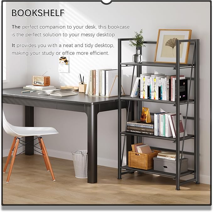 4NM No Assembly Folding Bookshelf Storage Shelves 4 Tiers Vintage Bookcase - Image 3