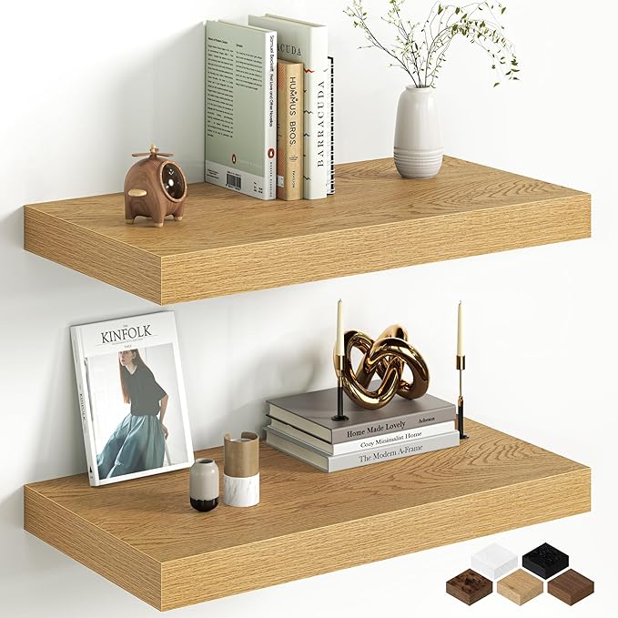 Fun Memories 12 Inch Deep Oak Floating Shelf, 24 x 12 Rustic Wood Wall Shelf by FunMemories