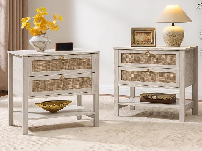 SICOTAS Boho Rattan Nightstand Set of 2, 26.7" Extra Wide Bedside Table by SICOTAS