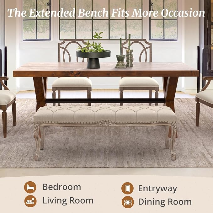 Cozyman Bedroom Bench, French Vintage Tufted Entryway 52.5" Carving Upholstered - Image 6