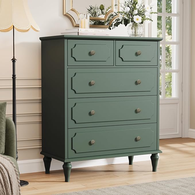 Green Dresser for Bedroom with 5 Drawers, Vintage Tall Dresser with Smooth by Home