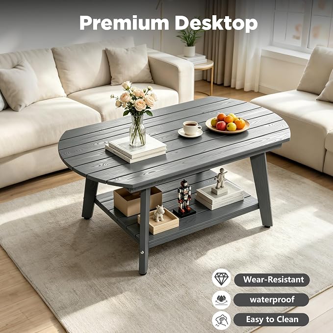 Oval Coffee Table with Open Storage Shelf, Dark Gray Wood Grain Sturdy Coffee - Image 3