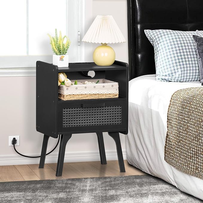 Lerliuo Rattan Nightstand with Charging Station, Side Table with Drawer Open - Image 5