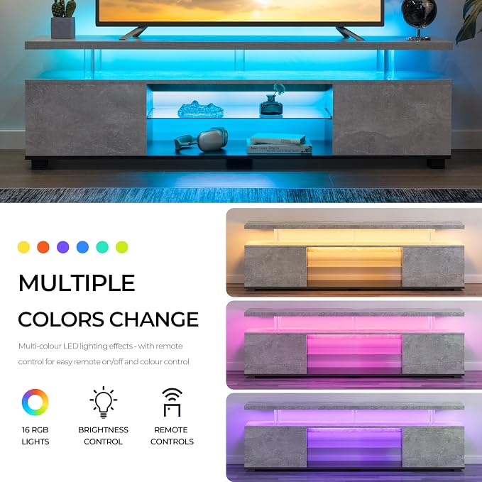 Cubehom Grey TV Stands for Living Room, Glass TV Stand, LED TV Stand for 75+ - Image 4