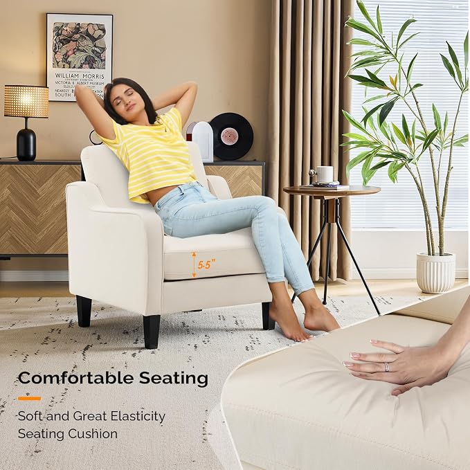 VINGLI Beige Accent Chairs for Living Room, Line Comfy Upholstered Chair Mid - Image 5