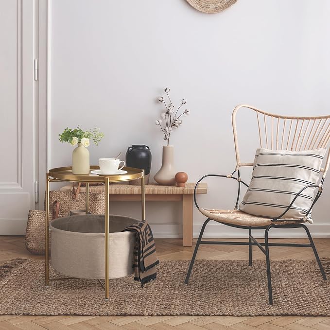 danpinera Gold Side Table with Fabric Storage Basket, Metal Round Side Small - Image 10