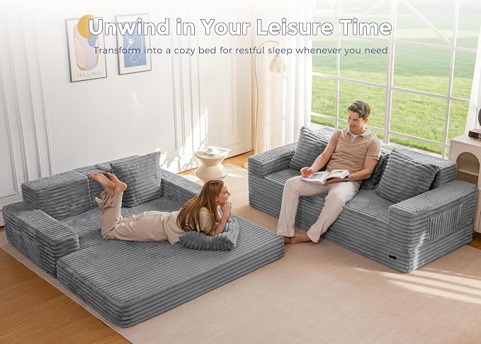 MAXYOYO Loveseat Sofa Bed, Striped Faux Fur Foldable Floor Sofa Couch in A Box - Image 4