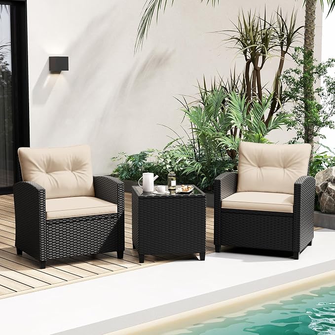 Tangkula 3 Piece Patio Furniture Set, Rattan Conversation Set w/Soft Seat & - Image 3