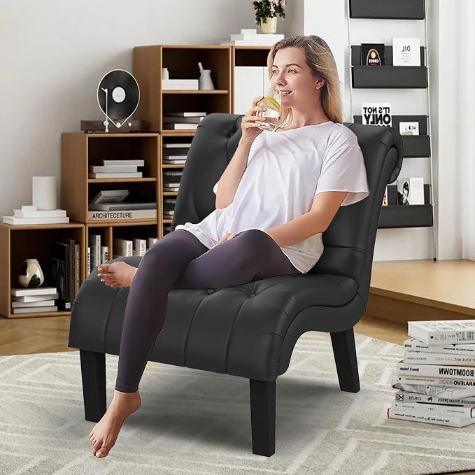 Black Faux Leather Accent Chair Modern Button Tufted Upholstered Armless Chair - Image 8