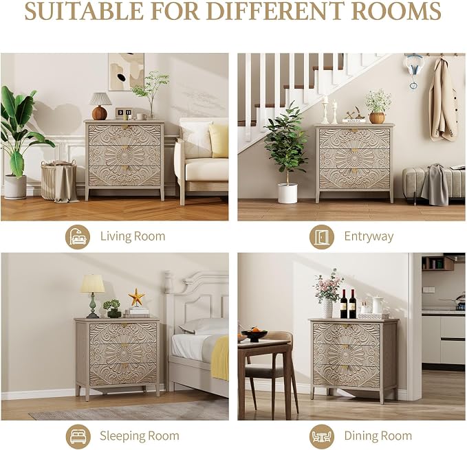Carved 3 Drawer Cabinet with Floral Pattern & Gold Handles, 31.5" W Distressed - Image 5