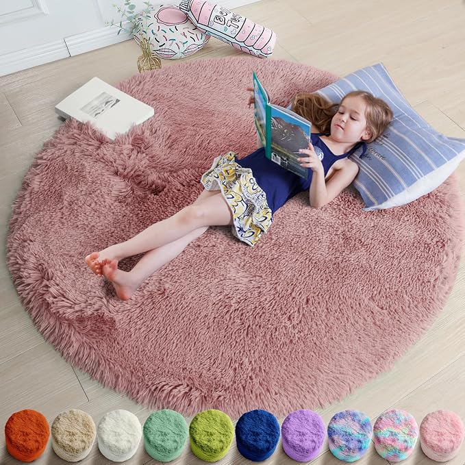 Blush Pink Small Round Rug 3Ft for Kids Bedroom, Fluffy Fuzzy Furry Circle Area by Amdrebio