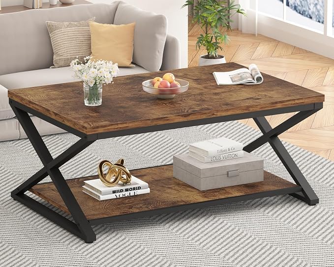 HSH Wood Coffee Table with Storage, Farmhouse Rustic Brown Coffee Table by HOMESWEETHOME