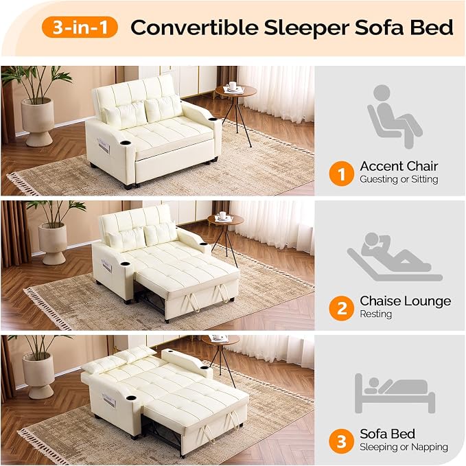 VINGLI Beige Futon Sofa Bed Convertible Loveseat Sleeper Couch, Faux Leather - Image 4