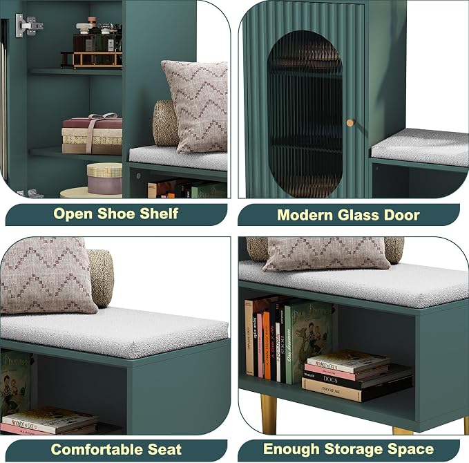 HLR Storage Bench with Glass Door&Shelf, Modern Entryway Shoe Cabinet Bench - Image 7