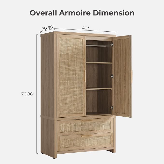 SICOTAS Rattan Armoire Wardrobe Closet Cabinet, and Hanging Rod, Boho - Image 2
