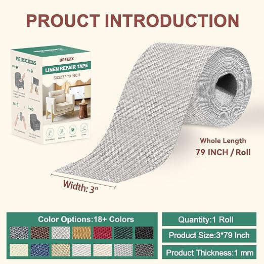 Besezx Linen Fabric Repair Tape, 3x79 Inch Self Adhesive Repair Patches - Image 2