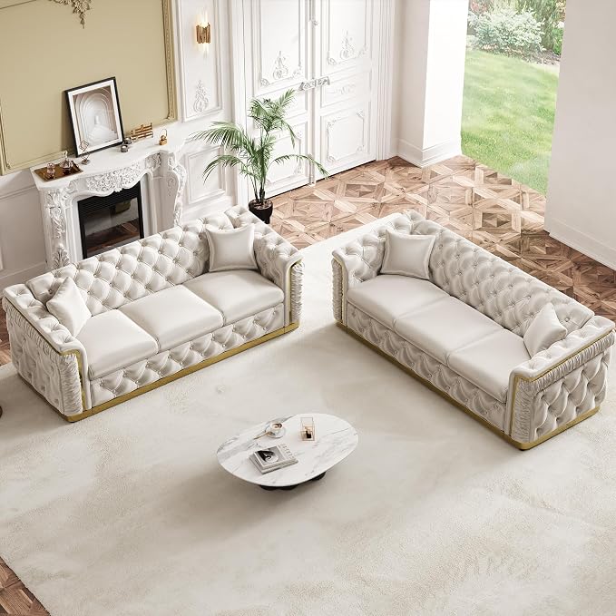 Luxury Chesterfield Sofa Set of 2, Velvet Tufted Couch Victorian Black and Gold by Nolohoo