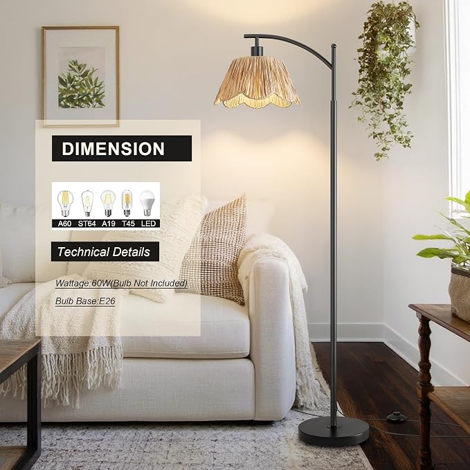 Oneach Arc Floor Lamp for Living Room, Rattan Boho Floor Lamp - Image 5