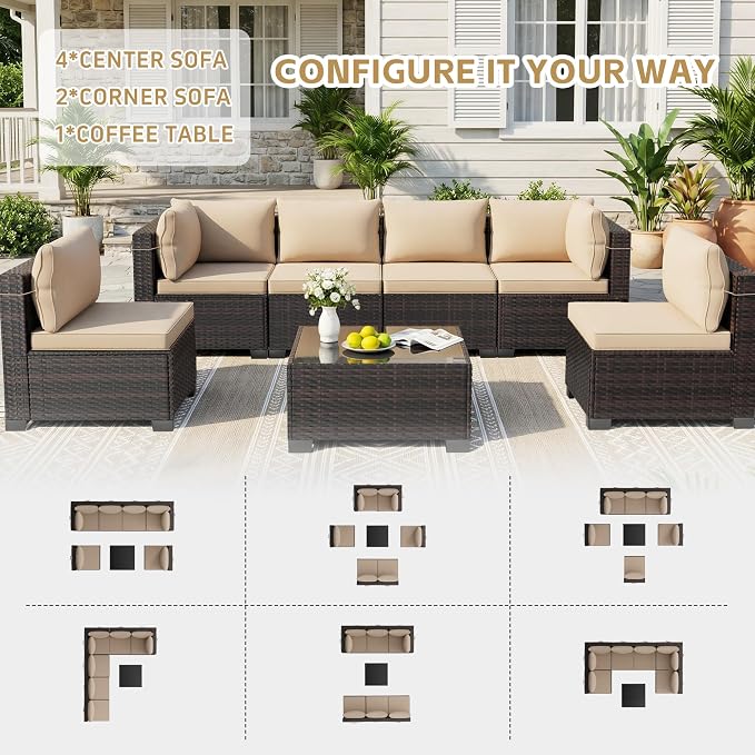 CHABATREE 7pcs Outdoor Patio Furniture Sets, Rattan Conversation Sectional Set - Image 6