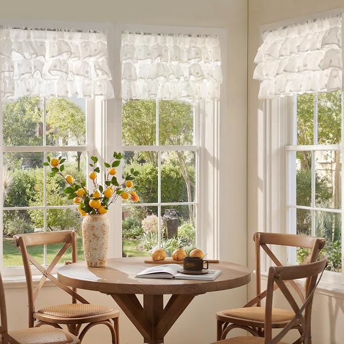 jinchan Ruffled Kitchen Valance Pom-Pom Voile Valance Curtains Sheer Shabby - Image 4