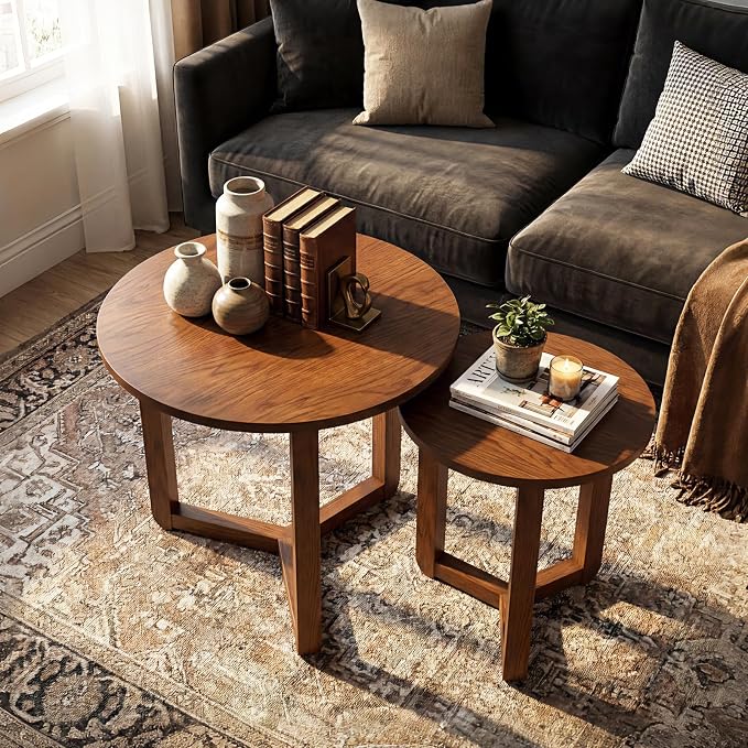 Giantex Round Nesting Coffee Table Set of 2, Wood Nesting End Tables by Giantex
