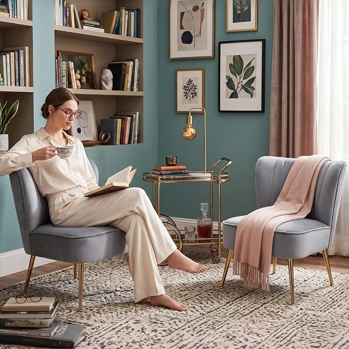 Velvet Accent Chair Set of 2 Comfy Living Room Chair Armless Slipper Chair Mid - Image 3