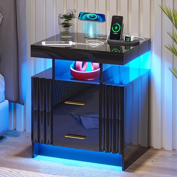 Nightstand with Wireless Charging Station, Smart Night Stand with 2 Drawers - Image 8