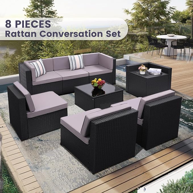 KROFEM 8-Piece Patio Furniture Set, Outdoor Wicker Rattan Sectional - Image 2