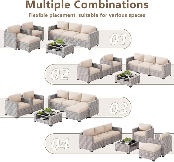 LOUVIXA 7 Piece Outdoor Patio Furniture Set, Rattan Chairs Glass Table Wicker - Image 4
