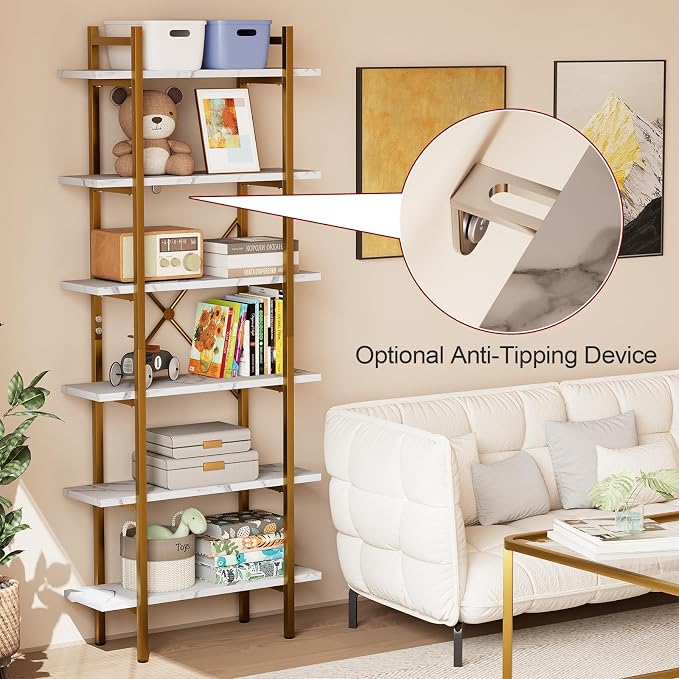6 Tiers Bookshelf Organizer White Faux Marble Shelf, Modern Open Display - Image 7
