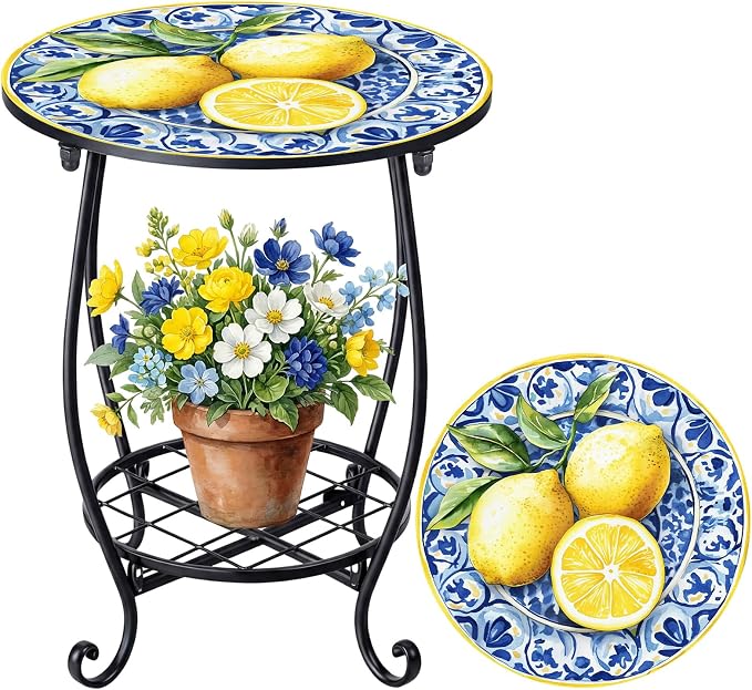 Cinnvoice Outdoor Side Table Round Small Mosaic Patio Accent Indoor End Plant by Cinnvoice