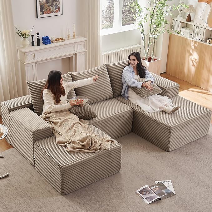 107" Comfy U-Shaped Sectional Modern Boneless Corduroy Couch by ODUWA