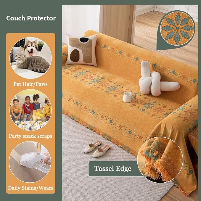 DREAMINGO Orange Boho Sofa Cover Chenille Couch Cover Blanket Vintage Bohemian - Image 4