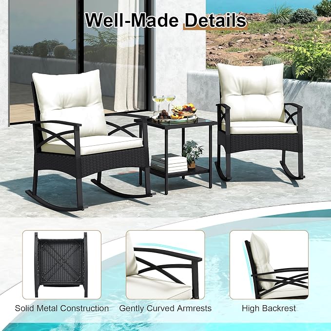 Tangkula 3 Pieces Outdoor Rocking Chairs Set, Rattan Heavy Duty Cushioned - Image 9