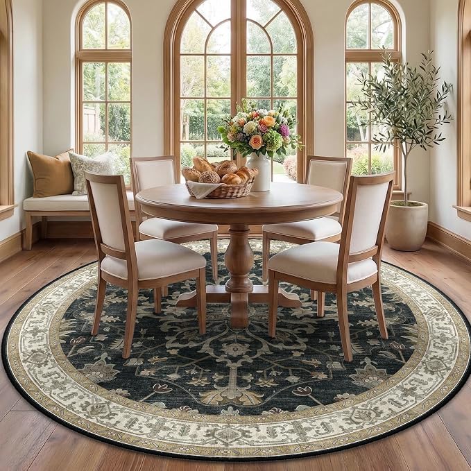 RELEANY Area Rugs Round 7ft Washable Non-Slip, Floral Vintage Distress Print by RELEANY