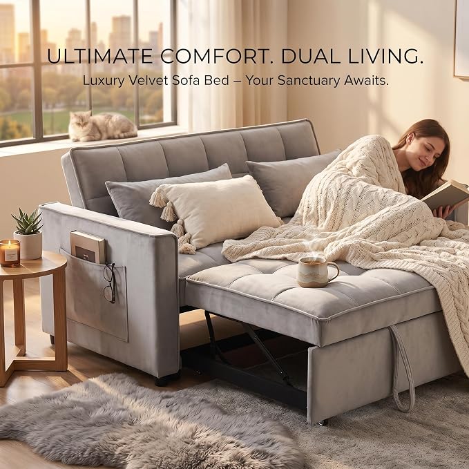 3-in-1 Loveseat Sleeper Sofa, Modern 55.5" Pull Out Couch, Velvet Upholstered - Image 4
